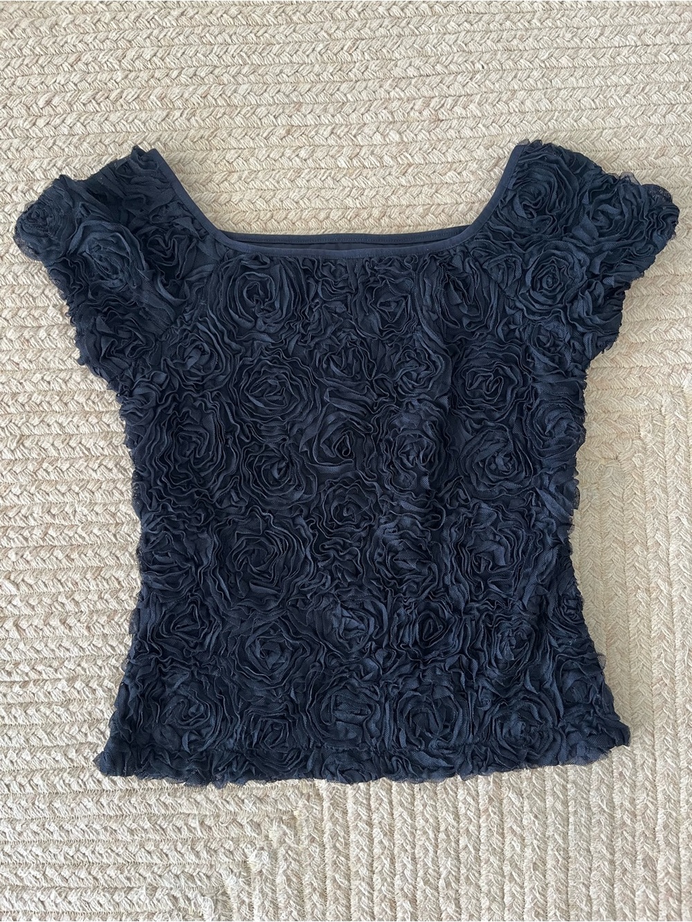 Joseph Ribkoff Black Rosette Short Sleeve Crop Top